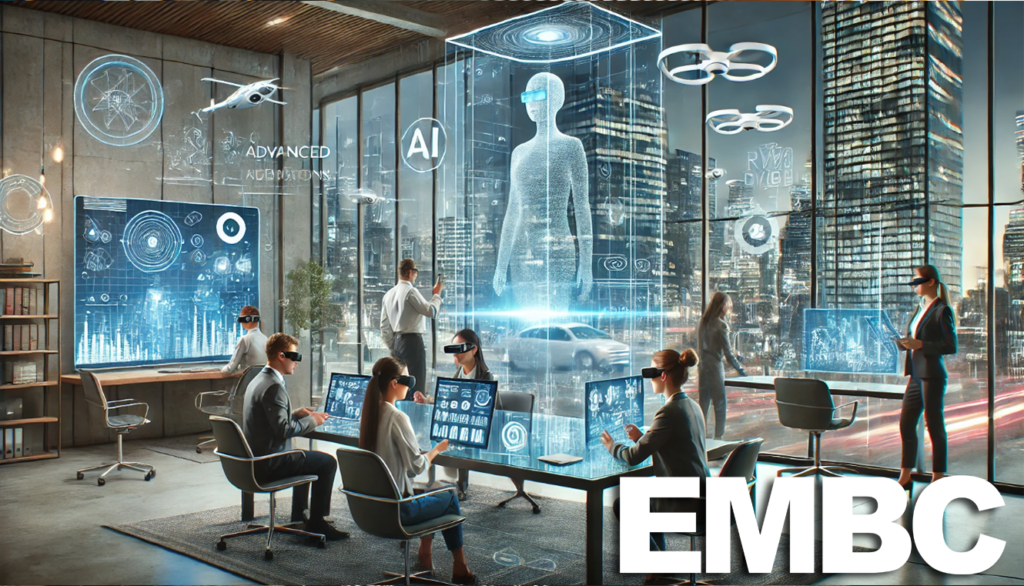 Futuristic office space with holographic displays, AI assistants, and people using augmented reality glasses, showcasing a modern and innovative work environment.