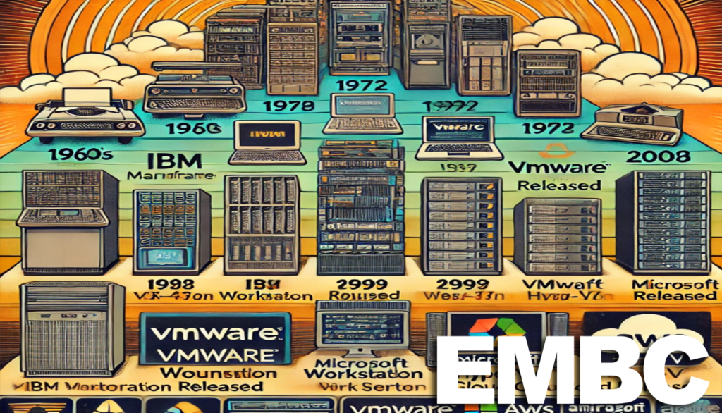 Timeline of the evolution of virtualization technology from the 1960s to the present. Key milestones include IBM's CP-40 and CP-67 in the 1960s, IBM VM/370 in 1972, the founding of VMware in 1998, the release of VMware Workstation in 1999, VMware ESX Server in 2001, Microsoft Hyper-V in 2008, and the rise of cloud computing in the 2010s with logos of AWS, Microsoft Azure, and Google Cloud Platform. The background shows a transformation from old mainframe computers to modern cloud infrastructure, including elements like mainframes, personal computers, servers, and cloud icons.